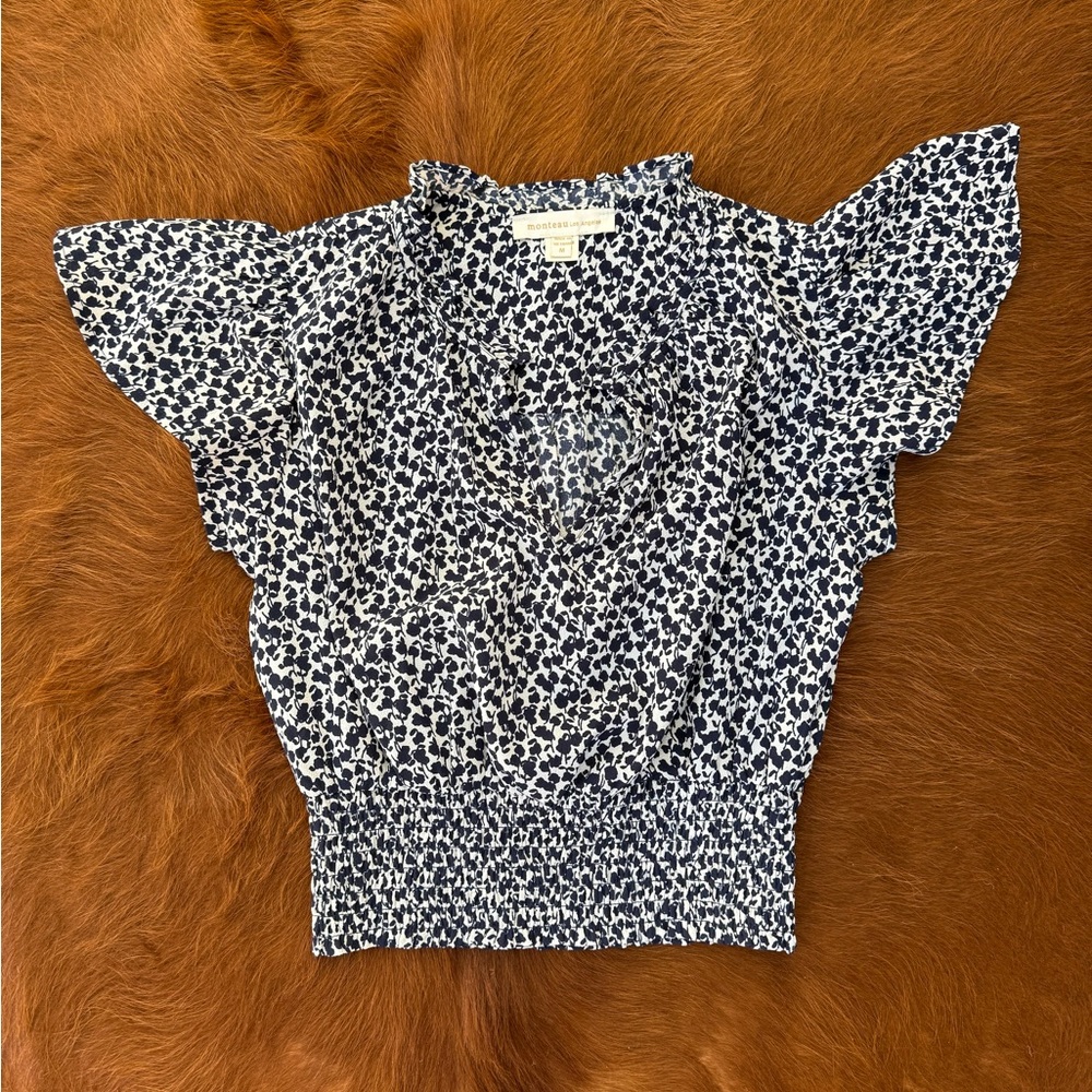 Elegant Navy Blue & White Blouse with Lace Trim and V-Neck